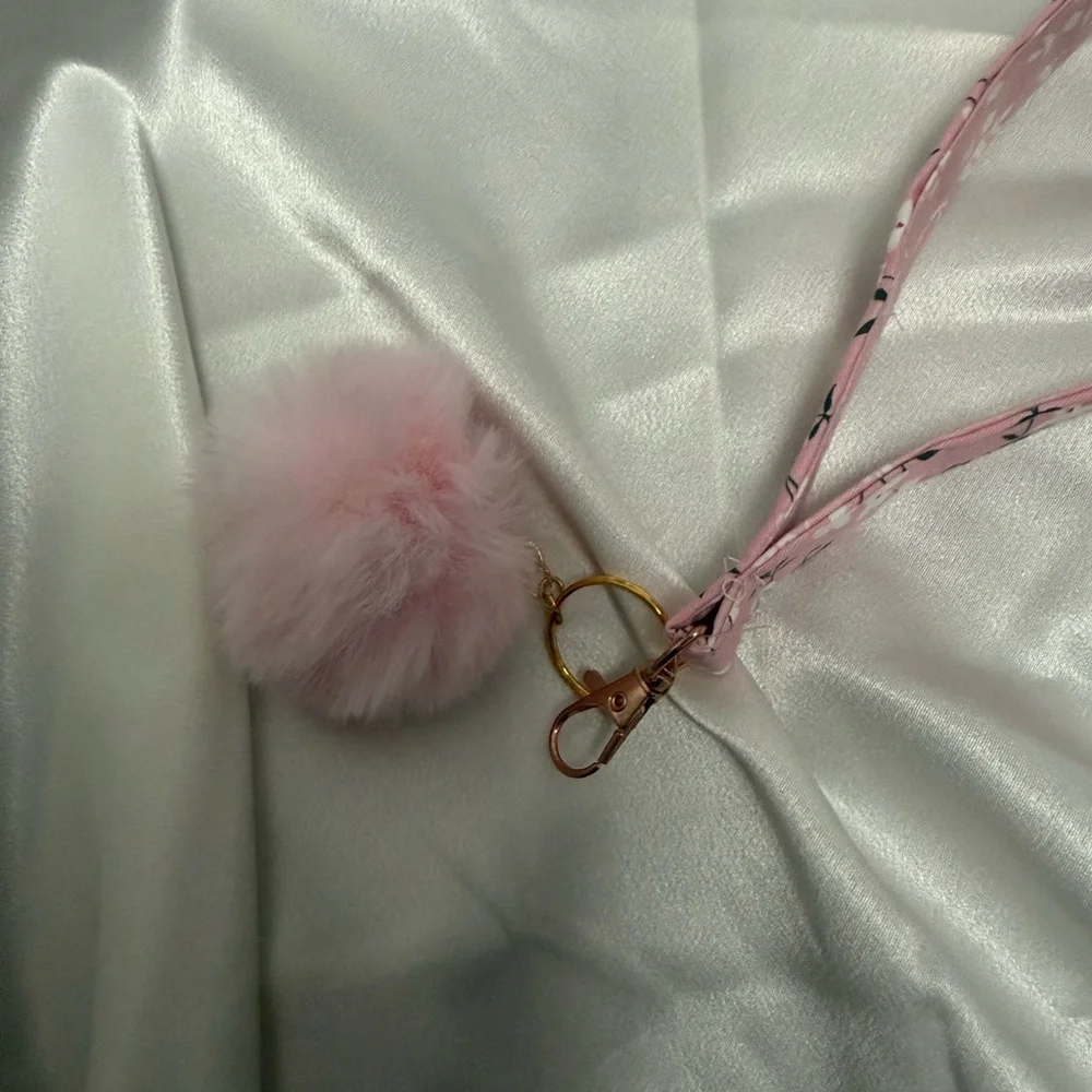 Handmade Pink and White Cherry Blossom Wristlet Keychain with Light Pink Pompom